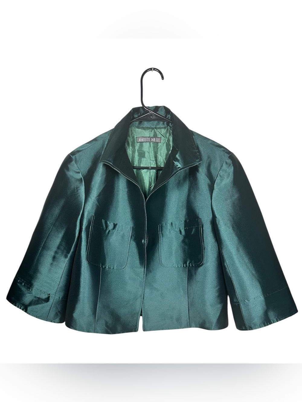 Lafayette 148 New York Jacket Womens Emerald Green Satin Look Cropped 3/4 Sleeve